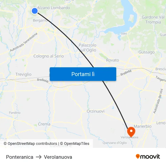 Ponteranica to Verolanuova map