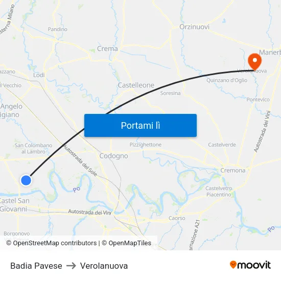 Badia Pavese to Verolanuova map