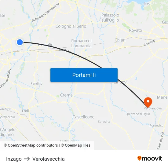 Inzago to Verolavecchia map