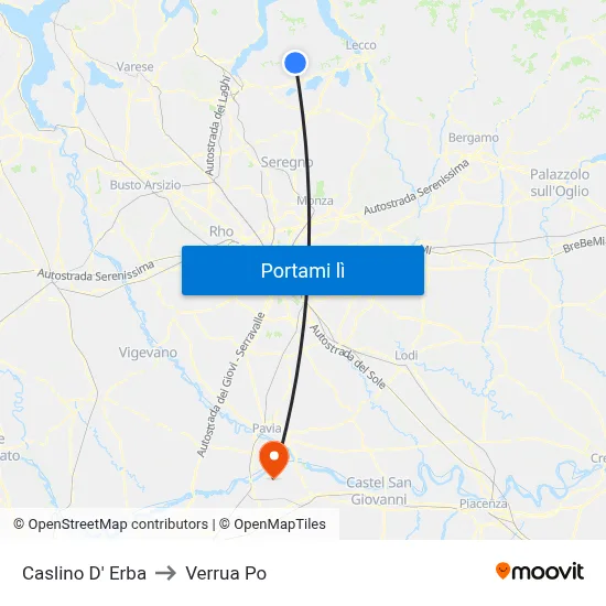 Caslino D' Erba to Verrua Po map