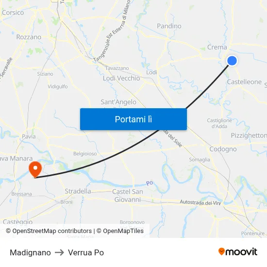 Madignano to Verrua Po map