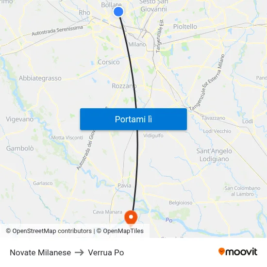 Novate Milanese to Verrua Po map