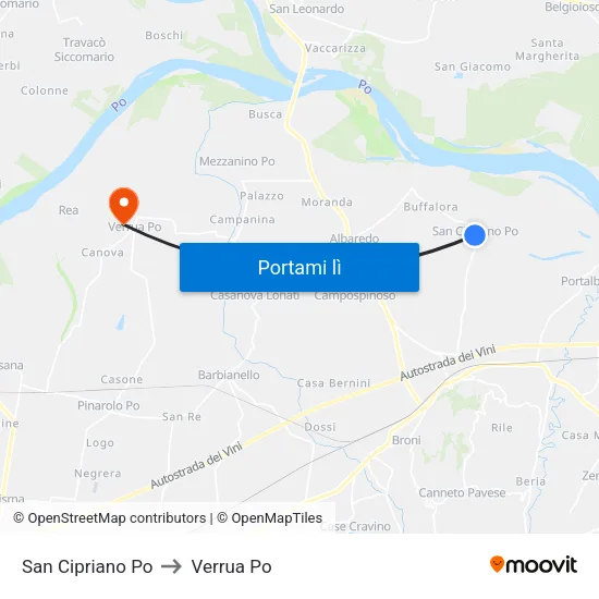 San Cipriano Po to Verrua Po map