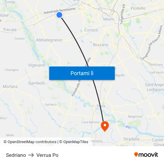 Sedriano to Verrua Po map