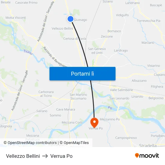 Vellezzo Bellini to Verrua Po map