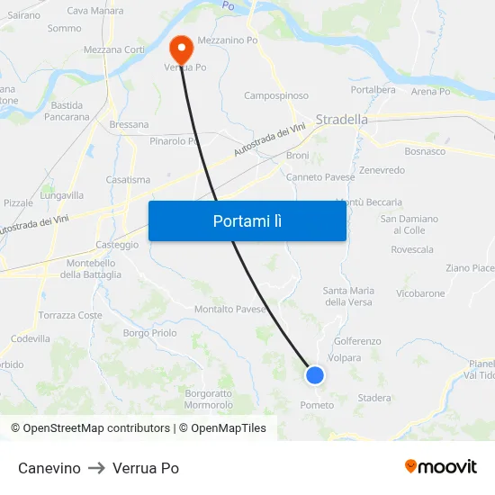 Canevino to Verrua Po map