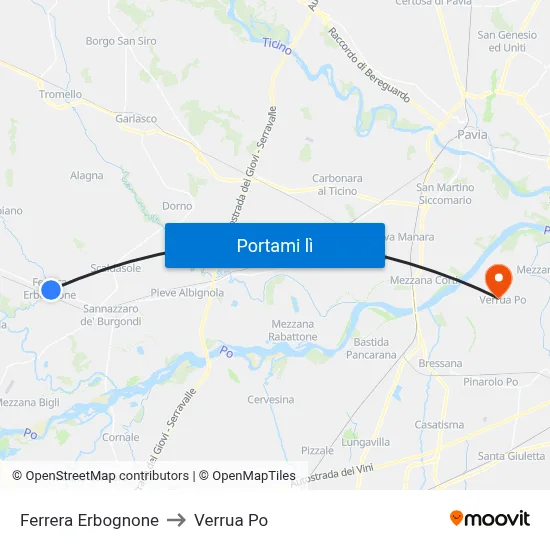 Ferrera Erbognone to Verrua Po map