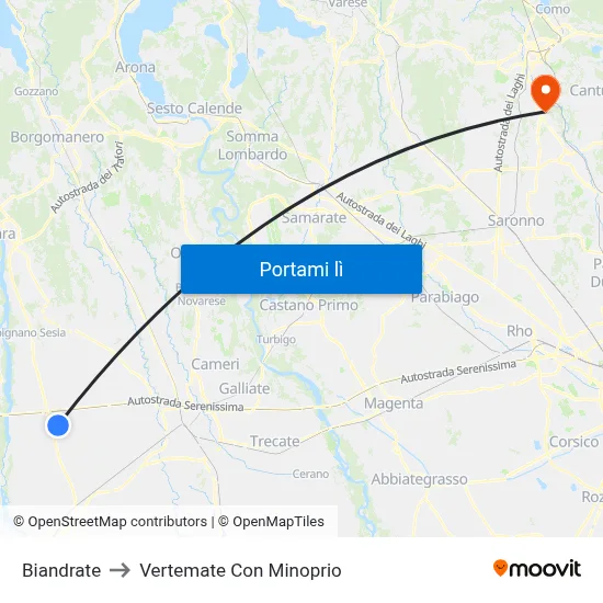 Biandrate to Vertemate Con Minoprio map