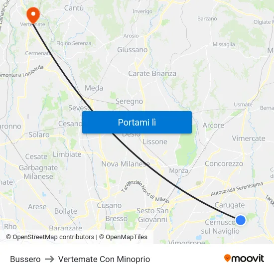 Bussero to Vertemate Con Minoprio map