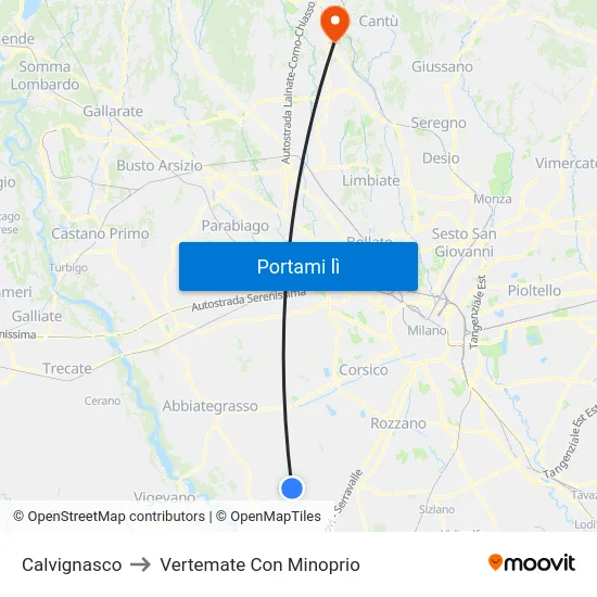 Calvignasco to Vertemate Con Minoprio map