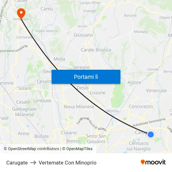 Carugate to Vertemate Con Minoprio map