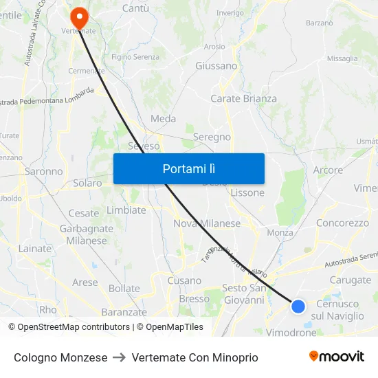 Cologno Monzese to Vertemate Con Minoprio map