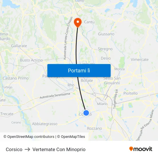 Corsico to Vertemate Con Minoprio map