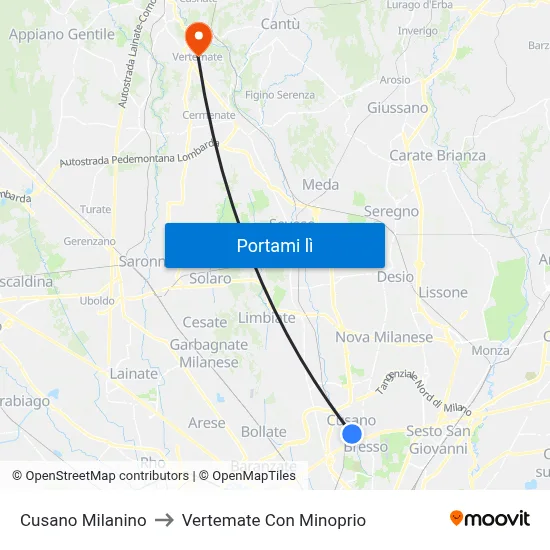 Cusano Milanino to Vertemate Con Minoprio map