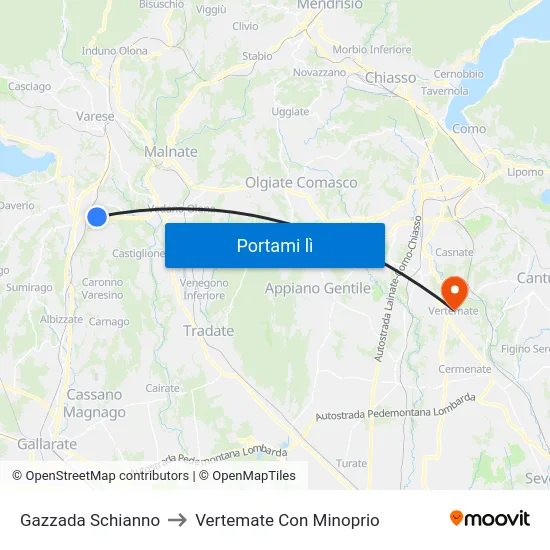 Gazzada Schianno to Vertemate Con Minoprio map
