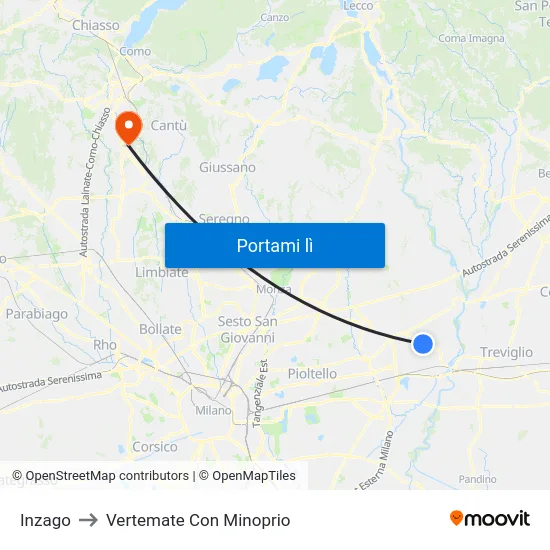 Inzago to Vertemate Con Minoprio map