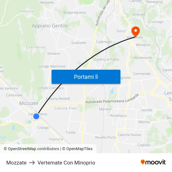 Mozzate to Vertemate Con Minoprio map