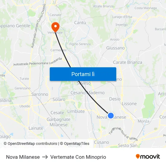 Nova Milanese to Vertemate Con Minoprio map