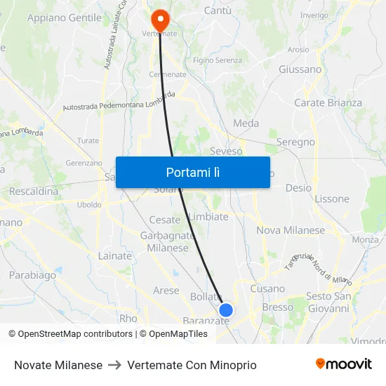 Novate Milanese to Vertemate Con Minoprio map