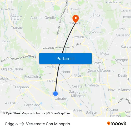 Origgio to Vertemate Con Minoprio map