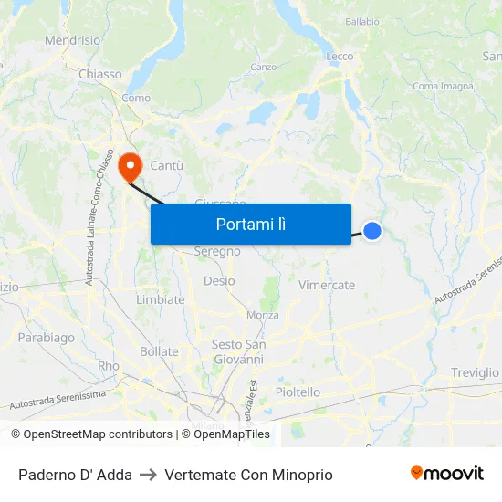 Paderno D' Adda to Vertemate Con Minoprio map