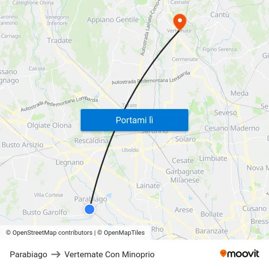 Parabiago to Vertemate Con Minoprio map