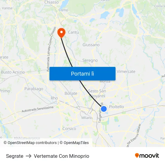 Segrate to Vertemate Con Minoprio map