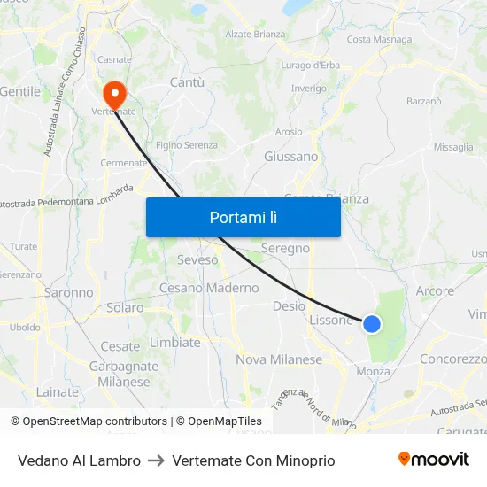 Vedano Al Lambro to Vertemate Con Minoprio map