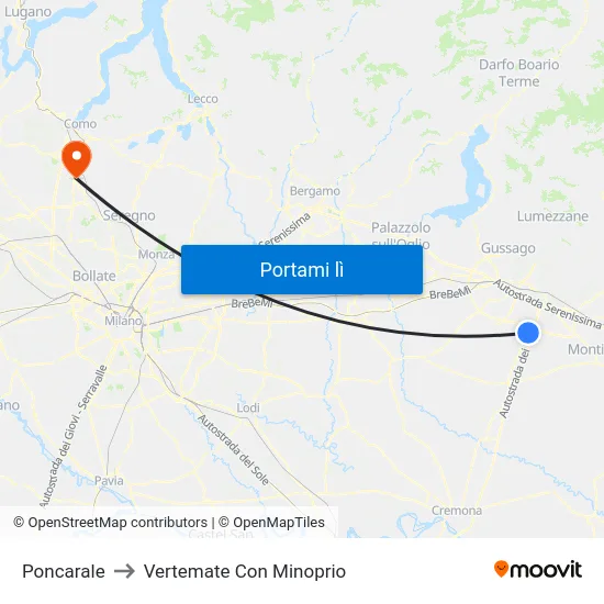 Poncarale to Vertemate Con Minoprio map