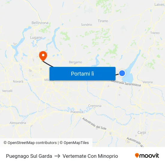 Puegnago Sul Garda to Vertemate Con Minoprio map