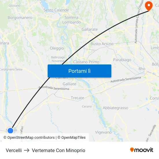 Vercelli to Vertemate Con Minoprio map