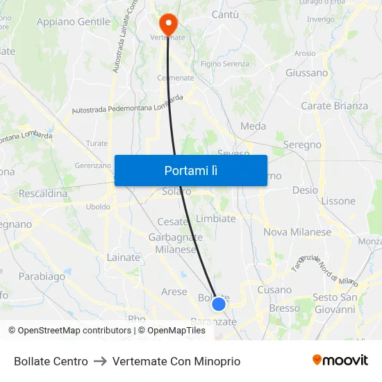 Bollate Centro to Vertemate Con Minoprio map
