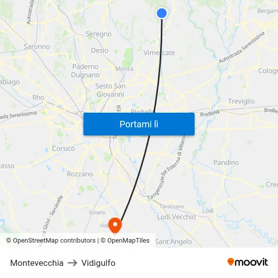 Montevecchia to Vidigulfo map