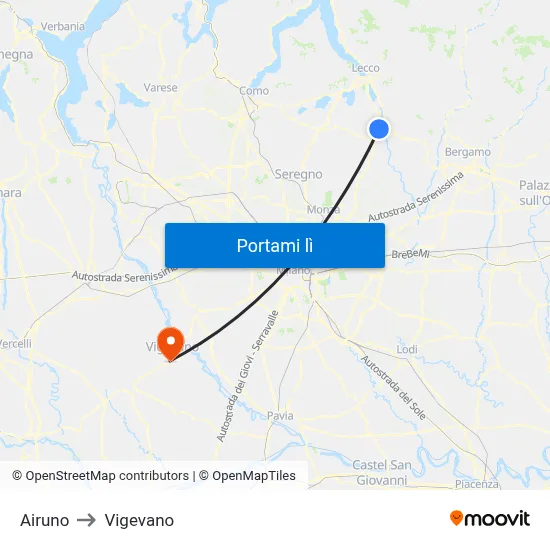 Airuno to Vigevano map