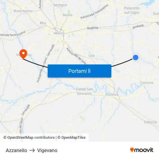Azzanello to Vigevano map