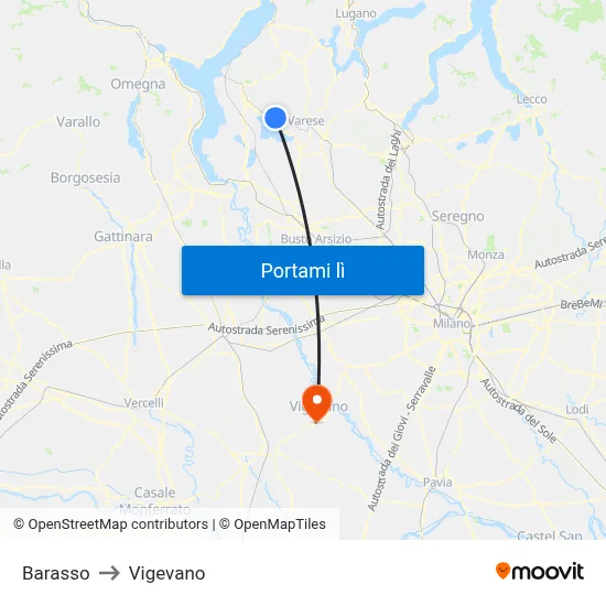 Barasso to Vigevano map