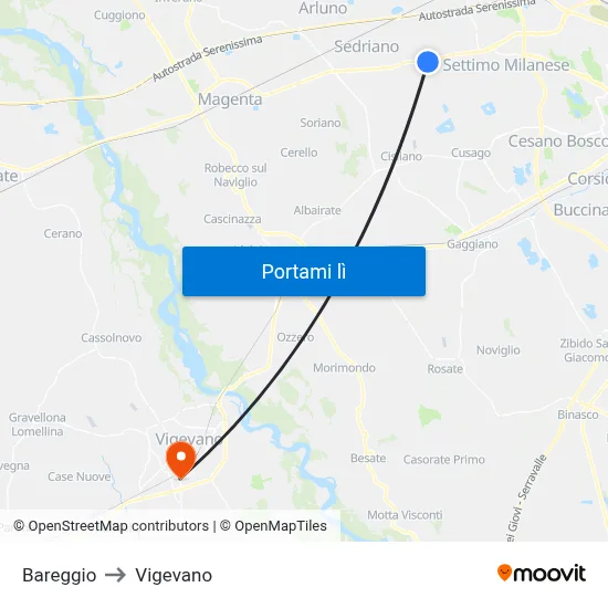 Bareggio to Vigevano map