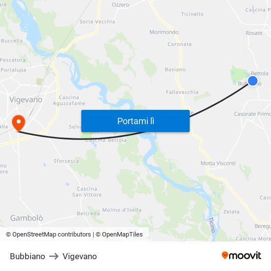 Bubbiano to Vigevano map
