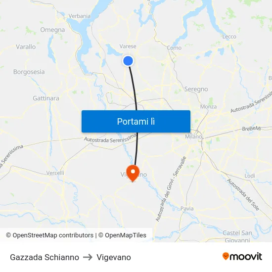 Gazzada Schianno to Vigevano map