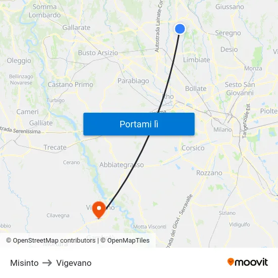 Misinto to Vigevano map