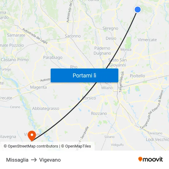 Missaglia to Vigevano map