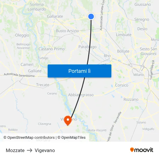 Mozzate to Vigevano map