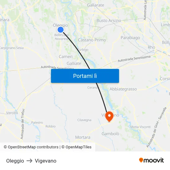 Oleggio to Vigevano map