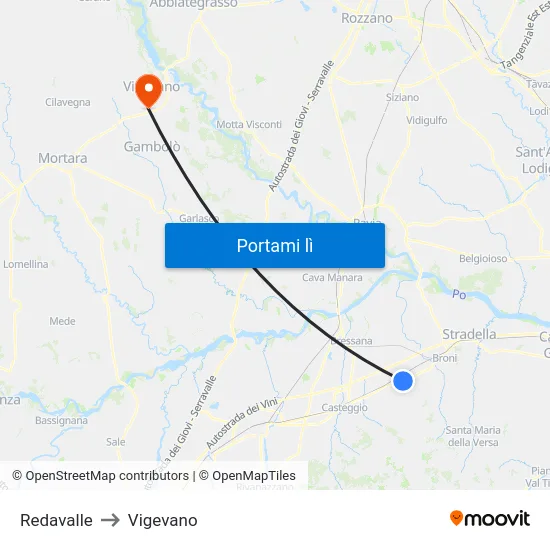 Redavalle to Vigevano map