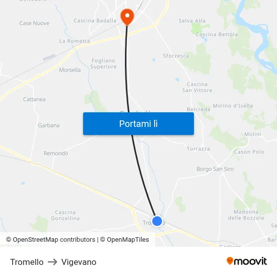 Tromello to Vigevano map
