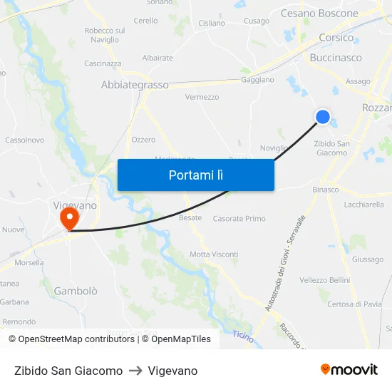 Zibido San Giacomo to Vigevano map