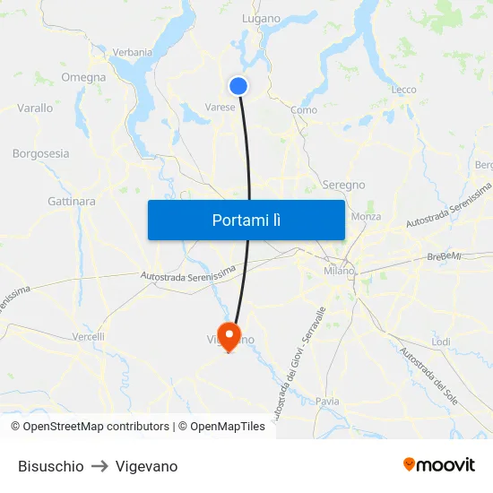 Bisuschio to Vigevano map