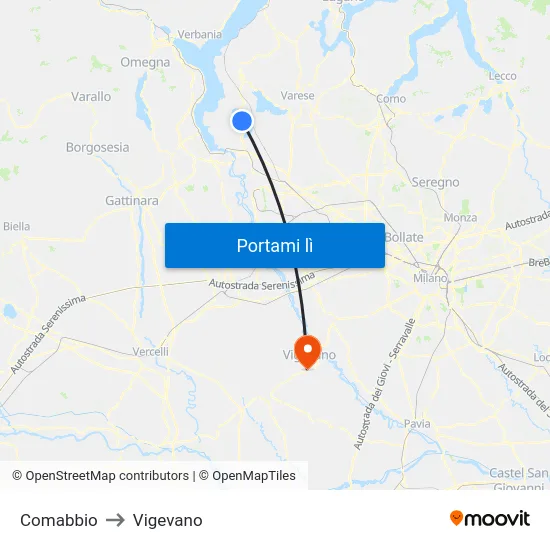 Comabbio to Vigevano map