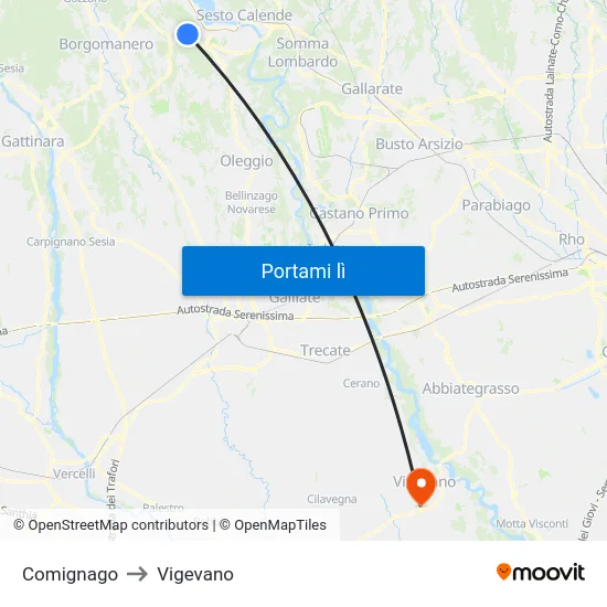 Comignago to Vigevano map