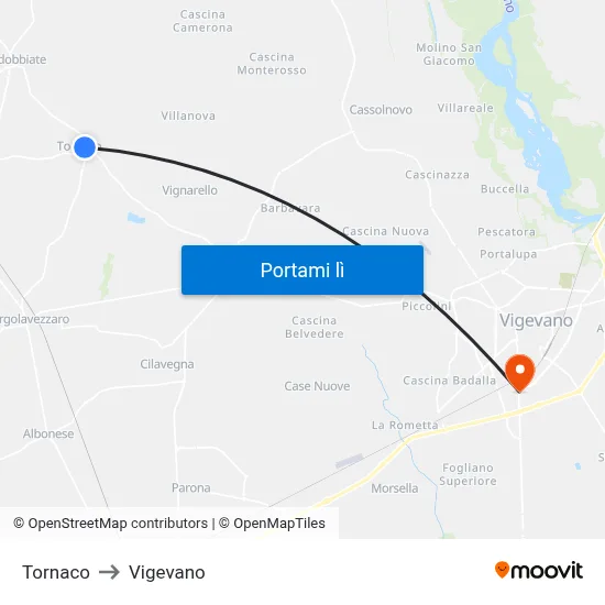 Tornaco to Vigevano map